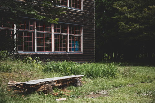 廃校の校舎裏に置かれた朽ち果てた丸太椅子