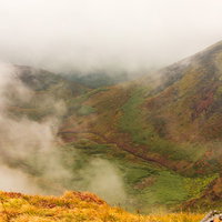 霧に包まれるムーミン谷の登山道と稜線（駒ヶ岳）の写真