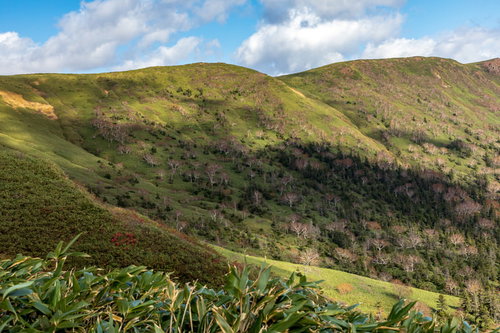雲の陰と初秋の八幡平の山稜風景を歩く登山道