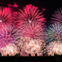 土手から見る大曲の花火大会、夜空に開く打ち上げ花火とシルエットの写真