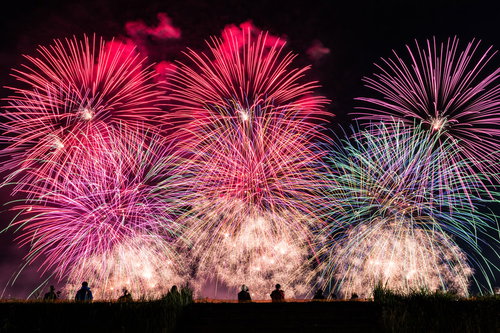 土手から見る大曲の花火大会、夜空に開く打ち上げ花火とシルエット