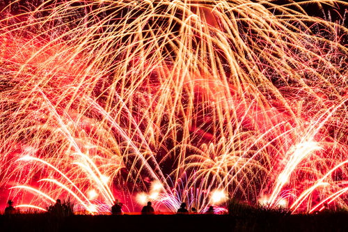 夜空に盛大に弾け散る大曲の花火、赤と金色の光跡