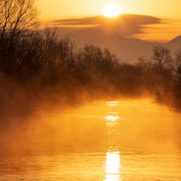 渓流の上流で立ち上がる蒸気霧と朝日の風景の写真