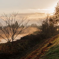 朝焼けに染まる川から立ち上る川霧（蒸気霧）の写真