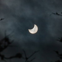 薄雲に覆われた空で起こる日食現象と太陽の欠ける様子の写真