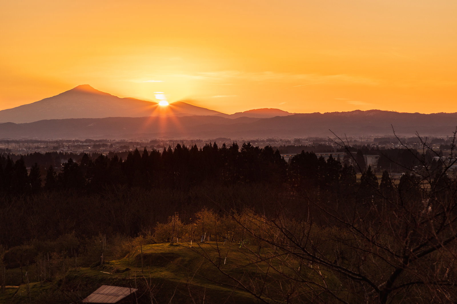 鳥海山の裾野に沈むオレンジ色の夕日と手前に広がる林檎畑の風景