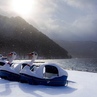 冬の湖に並ぶ失業中のスワンボート、雪景色と山々の写真