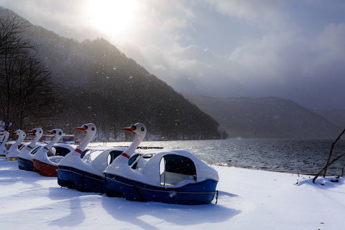 冬の湖に並ぶ失業中のスワンボート、雪景色と山々