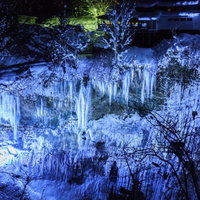 圧倒的なつらら群が青くライトアップされる秋田小安峡のしがっこの写真