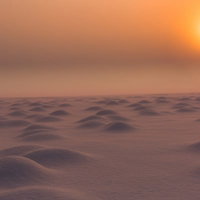 日の出の雪原にもやが立ち込める冬の朝日の風景の写真