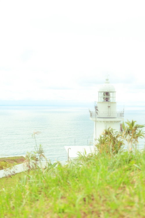 淡色灯台前の草原と海岸