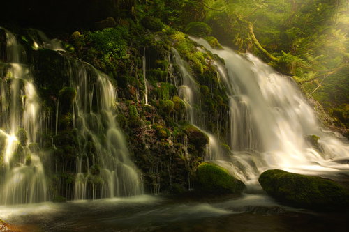 流れ落ちる元滝伏流水、秋田県の苔むした岩肌を潤す滝