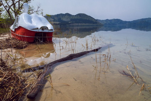 湖面に座礁した赤いスワン号と静寂の水辺風景