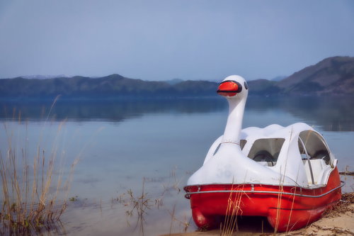 湖畔に乗り上げた白いスワン号ボート