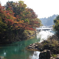 秋の一関厳美渓の清流と黄葉・紅葉に染まる渓谷風景の写真