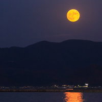 秋の山から望む紅葉と遠景の写真