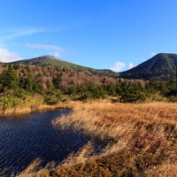 晩秋の八甲田山と湿原の風景 雪を被った山頂の写真