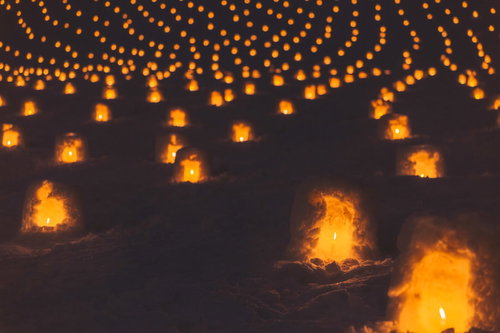 弘前の一面に広がる灯りのついたミニかまくら