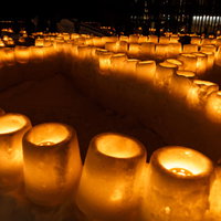 夜間に雪灯篭がずらりと並ぶ冬の風景の写真