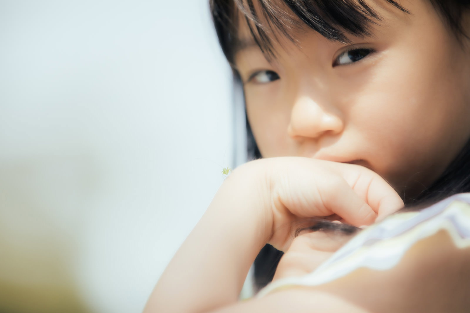 手首に小さなバッタを乗せて見つめている少女［モデル：あんじゅ］