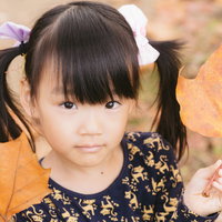 秋の落葉とツインテールの女の子が紅葉を手に持つ屋外風景の写真