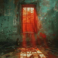 薄暗い廃墟の部屋に差し込む不気味な赤い光の窓の写真