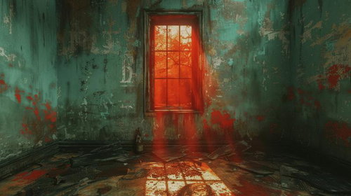 薄暗い廃墟の部屋に差し込む不気味な赤い光の窓