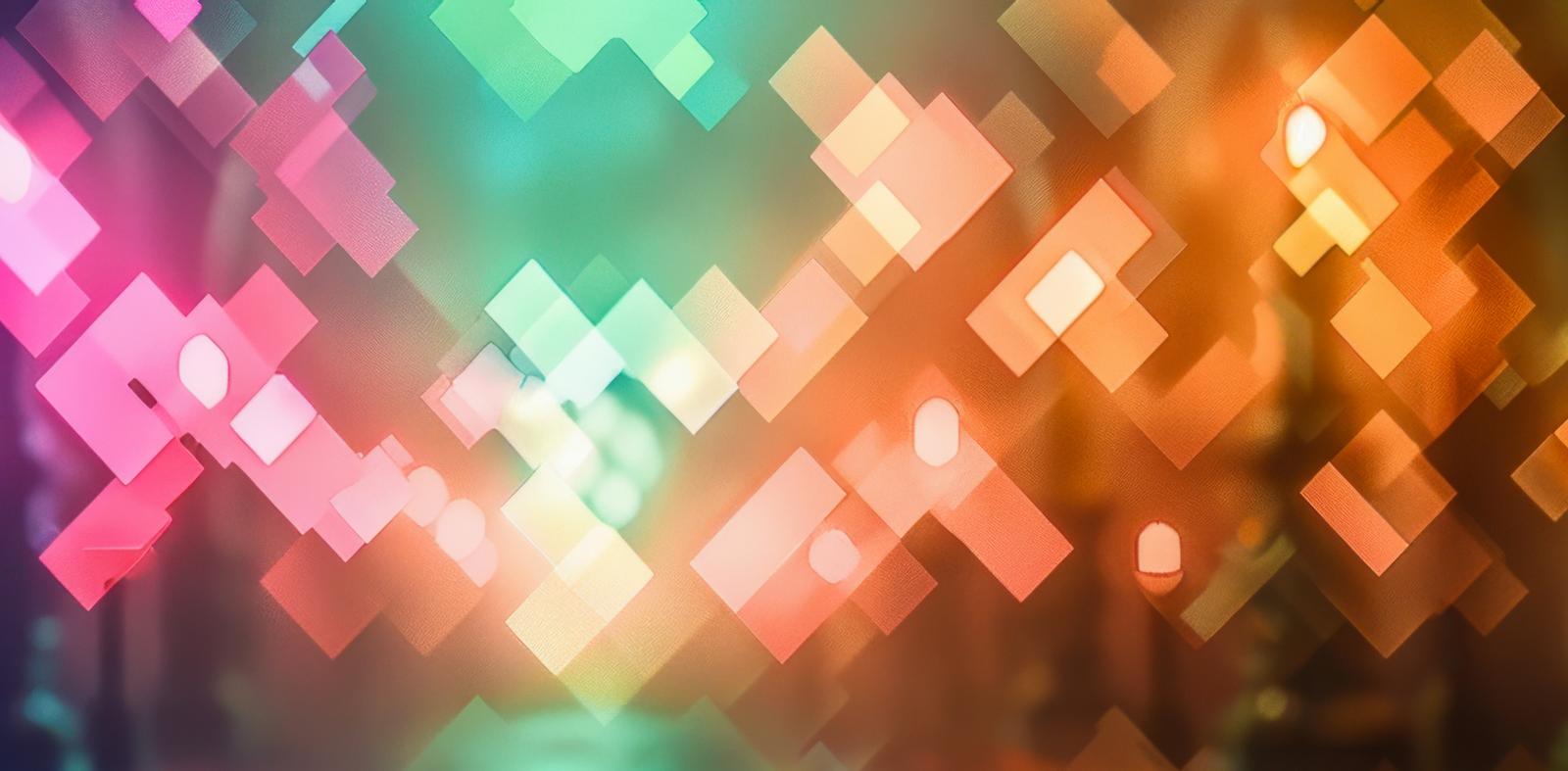 ピンク、青緑、オレンジのカラフルな四角形が浮かぶモザイク状のグラデーション背景