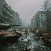 崩壊した都市の中の静寂な戦車と廃墟の戦場風景のAI画像
