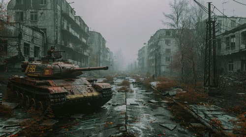 崩壊した都市の中の静寂な戦車と廃墟の戦場風景