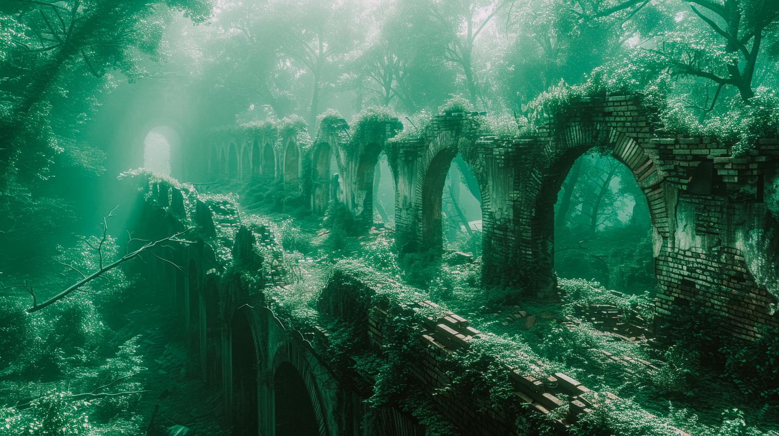 緑の森に覆われた石橋と回廊が並ぶ廃墟の遺跡