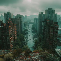 河畔に立つ荒廃した未来都市・錆びた高層ビルが並ぶディストピア風景の写真