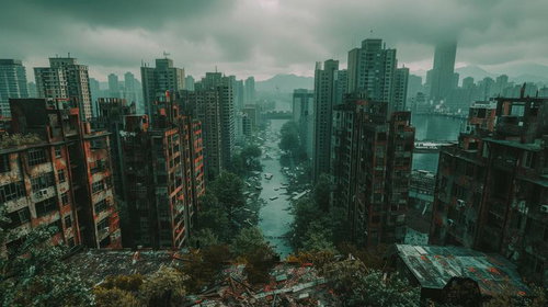 河畔に立つ荒廃した未来都市・錆びた高層ビルが並ぶディストピア風景