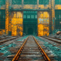 時間が刻んだ錆びついた線路と工場の遺構・廃止駅の産業遺跡の写真