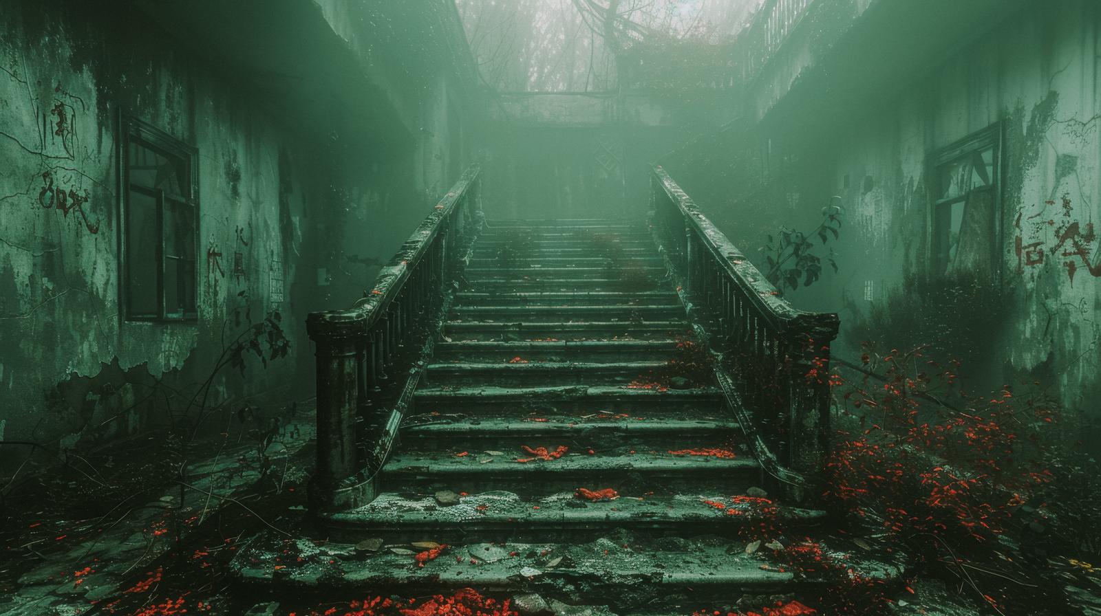 霧に包まれた廃墟の石造階段と朽ちた建物、苔むした欄干