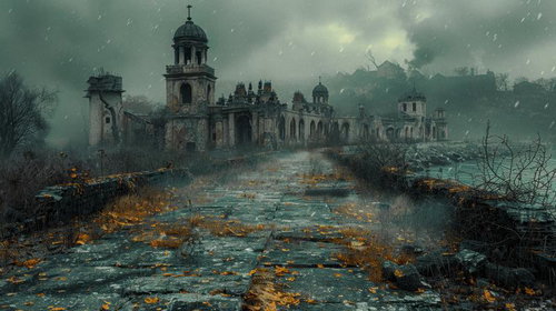 霧に消えゆく古城の面影 雨の石畳に佇む廃墟の塔