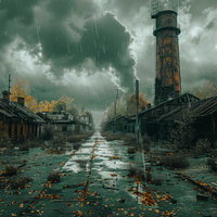 廃工場の街に降り注ぐ雨と秋の情景・灯台のある荒廃風景の写真