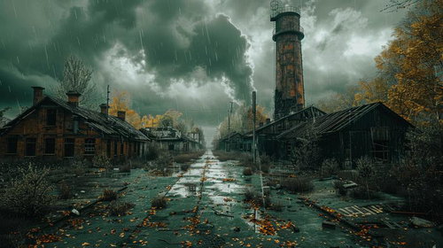 廃工場の街に降り注ぐ雨と秋の情景・灯台のある荒廃風景