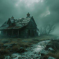 曇天の荒野に佇む廃屋と湿地、霧がかかった古い梁造り建物の写真