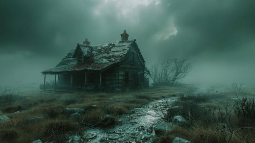 曇天の荒野に佇む廃屋と湿地、霧がかかった古い梁造り建物