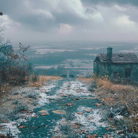 時が止まった山頂の廃屋と冬の道、雪景色の風景の写真