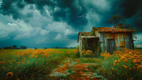 劇的な曇天の下に立つ朽ちた家と広がる黄色い花畑