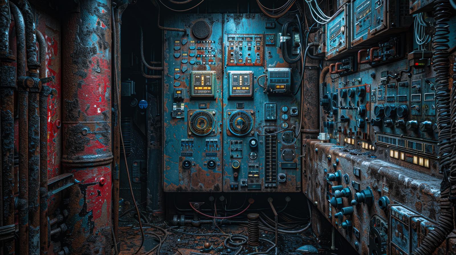 赤錆と青緑色に統一された廃工場の制御室配電盤