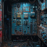 錆びついた配電盤と複雑なスイッチが並ぶ廃工場内部の制御室の写真