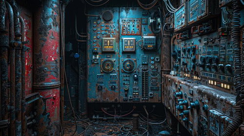 錆びついた配電盤と複雑なスイッチが並ぶ廃工場内部の制御室