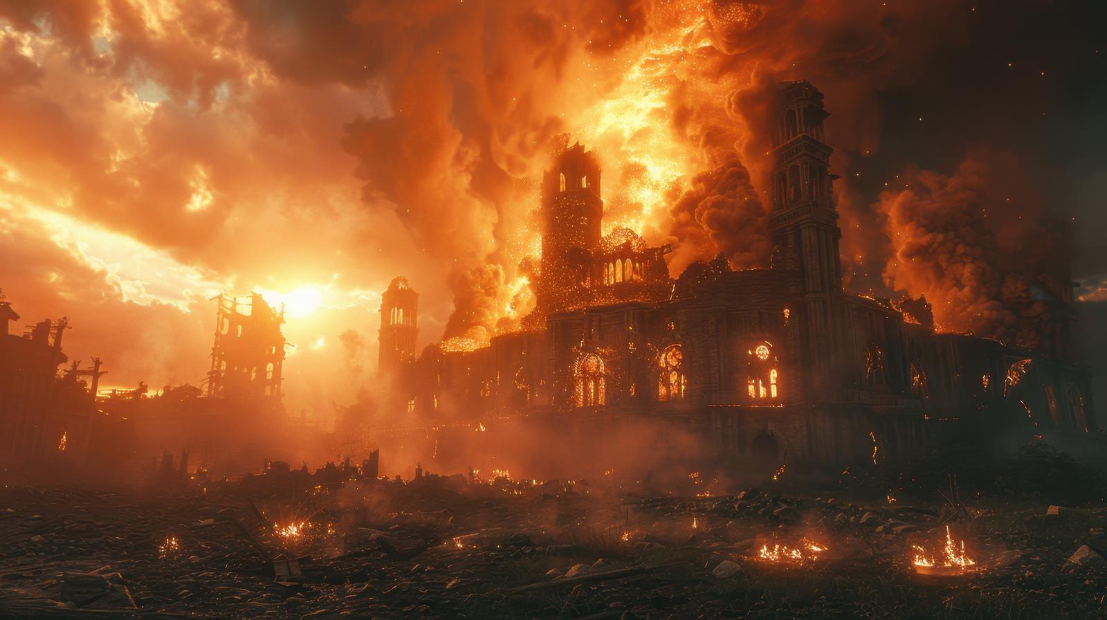 炎に包まれた廃墟の建物と煙が立ち込める荒廃した景観