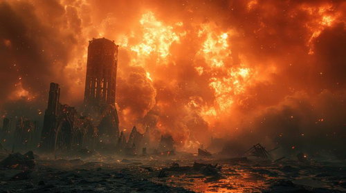 赤く大炎上している壮大な情景