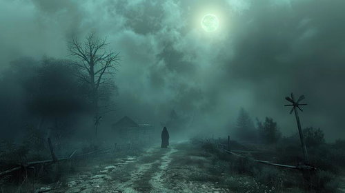 満月が照らす廃村の夜道を進む謎めいた旅人