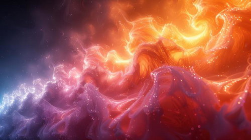 光の粒子が散りばめられた神秘的な色彩の宇宙風海