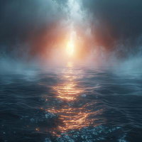 光の道が導く海面の水平線、霧の中へ消える光と霧の写真